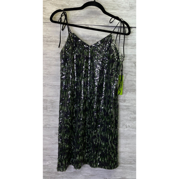 Sam Edelman Dress 2 Womens Green Camo Sequin Spaghetti Strap V Neck - Picture 1 of 11